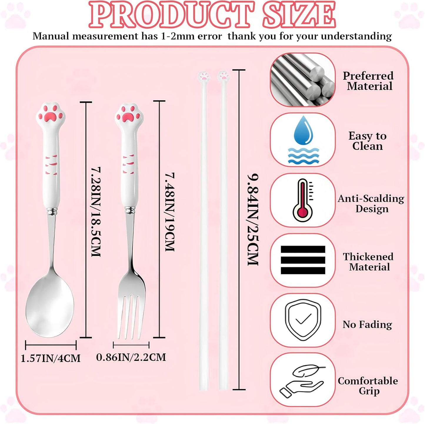 Cat Paw Chopsticks,1 Set of 3 Tableware Kits,Cat Chopsticks,Spoon,Fork,Cute Pink Paw Prints Reusable Lightweight Non-Slip Grip Eating Chopstick,Pet Themed Cat Fun Idea Gifts for Girlfriends Cat Lovers