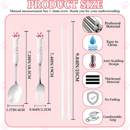 Cat Paw Chopsticks,1 Set of 3 Tableware Kits,Cat Chopsticks,Spoon,Fork,Cute Pink Paw Prints Reusable Lightweight Non-Slip Grip Eating Chopstick,Pet Themed Cat Fun Idea Gifts for Girlfriends Cat Lovers