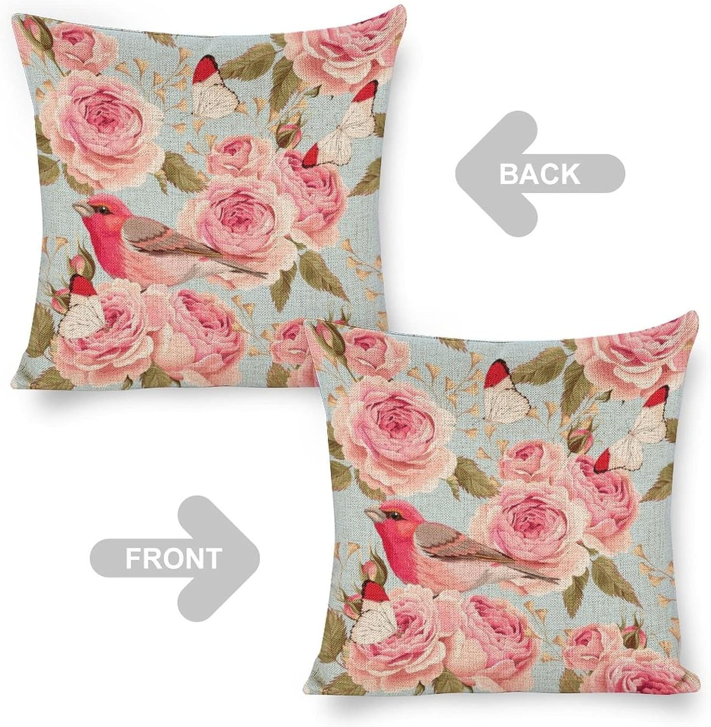 Linen Pillow Case Blue Pink Rose Bird Pattern 18x18 Inch Double Sided Decorative Cushion Cover for Sofa Bed Chair Car