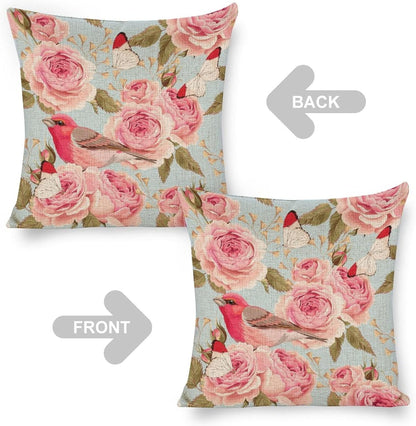 Linen Pillow Case Blue Pink Rose Bird Pattern 18x18 Inch Double Sided Decorative Cushion Cover for Sofa Bed Chair Car