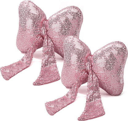 2 Pcs Pink Bow Pillow Bow Shaped Decorative Throw Pillow Soft Cute Cushion for Bed Couch Living Room Decor Women Gift (Sequins,11.5 x 9 Inch)
