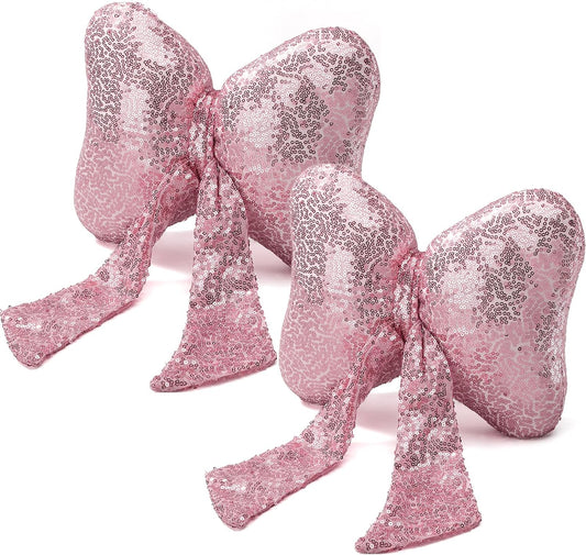 2 Pcs Pink Bow Pillow Bow Shaped Decorative Throw Pillow Soft Cute Cushion for Bed Couch Living Room Decor Women Gift (Sequins,11.5 x 9 Inch)