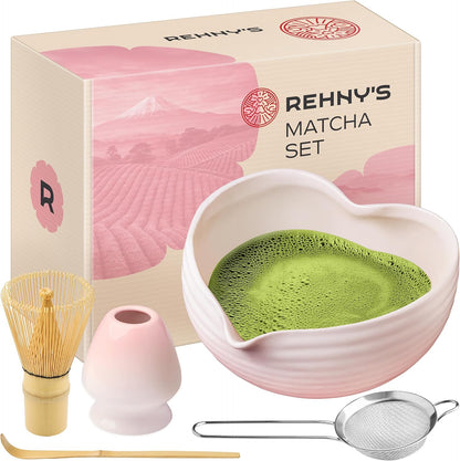 Rehny’s Matcha Whisk Set | Complete Pink Matcha Set w/Heart-Shaped Bowl, Bamboo Whisk, Holder, Stainless Steel Sifter, Bamboo Scoop | Cute Gift Present Macha Kit Handmade Bowl | Macha Powder Tea Kit
