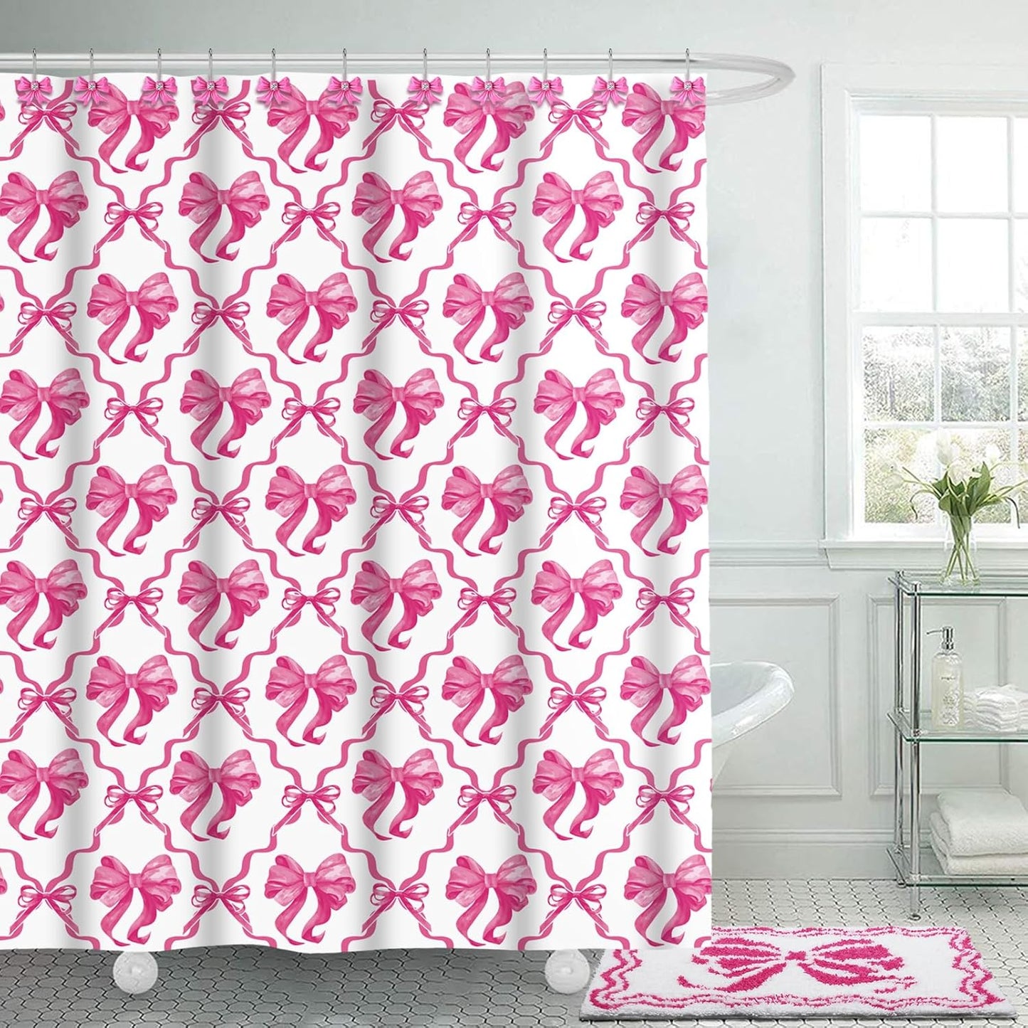 Fourluoo 18 Pcs Fabric Shower Curtain Set with 12 Decorative Shower Curtain Hooks Bathroom Towels Non Slip Absorbent Microfiber Rug for Modern Aesthetic Bathroom(Pink,Bow)