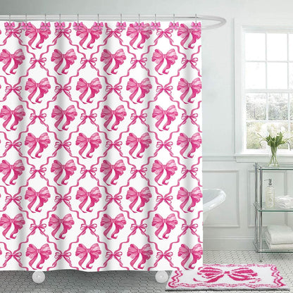Fourluoo 18 Pcs Fabric Shower Curtain Set with 12 Decorative Shower Curtain Hooks Bathroom Towels Non Slip Absorbent Microfiber Rug for Modern Aesthetic Bathroom(Pink,Bow)