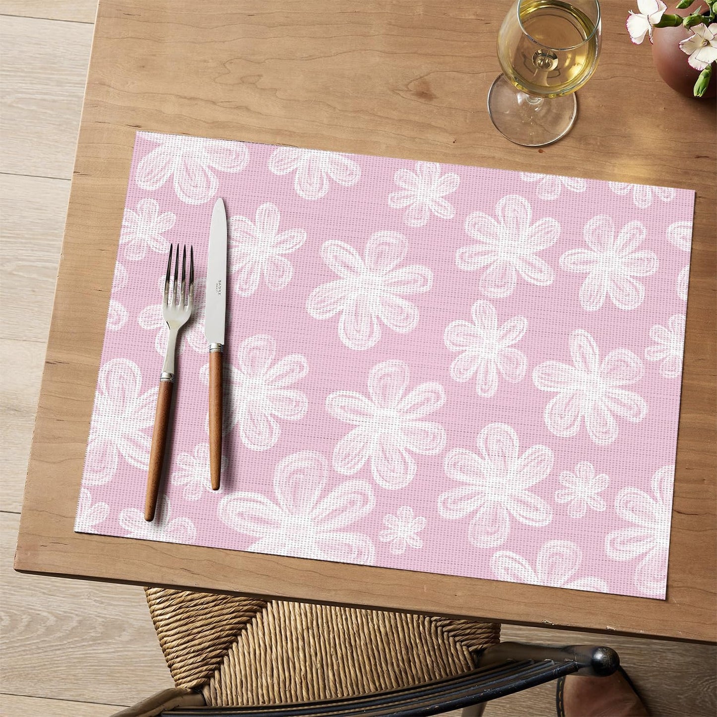 Artoid Mode Pink Flowers Vinyl Spring Placemats Set of 4, Washable Heat Resistant Non-Slip Woven Plastic PVC Place Summer Mats for Farmhouse Holiday Party Dining Table Decor