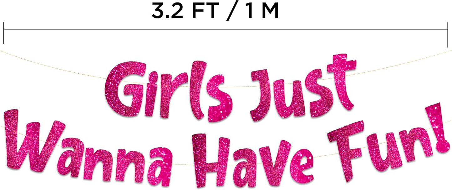 Pre-Strung Girls Just Wanna Have Fun Neon Pink Glitter Banner - Bachelorette Party Decorations for Her - Party Supplies, Favors and Gifts