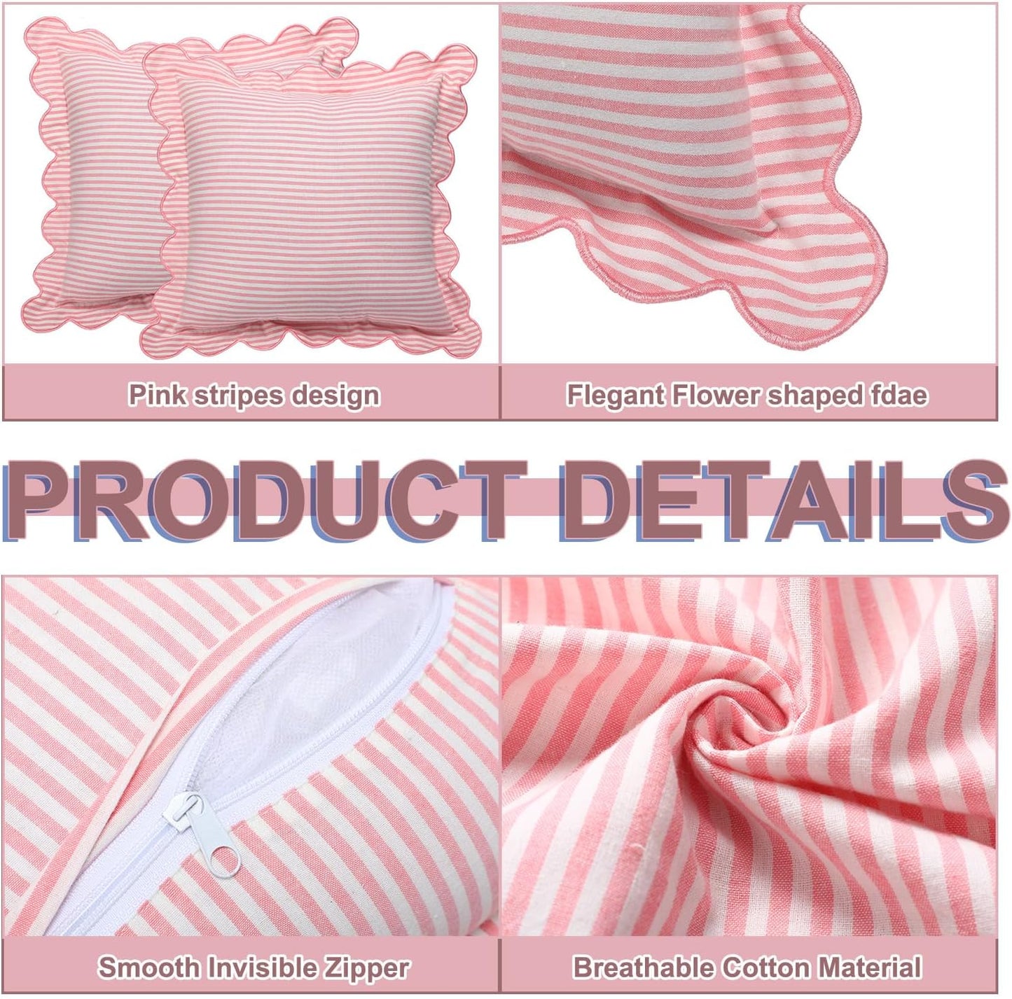 Newwiee 2 Pack Scalloped Pillow Cover 18 x 18 Inch Stripe Throw Pillow Cover Cotton Decorative Pillowcase for Women Men Couch Living Room Cushion Indoor Outdoor Decoration(Pink, Scalloped)