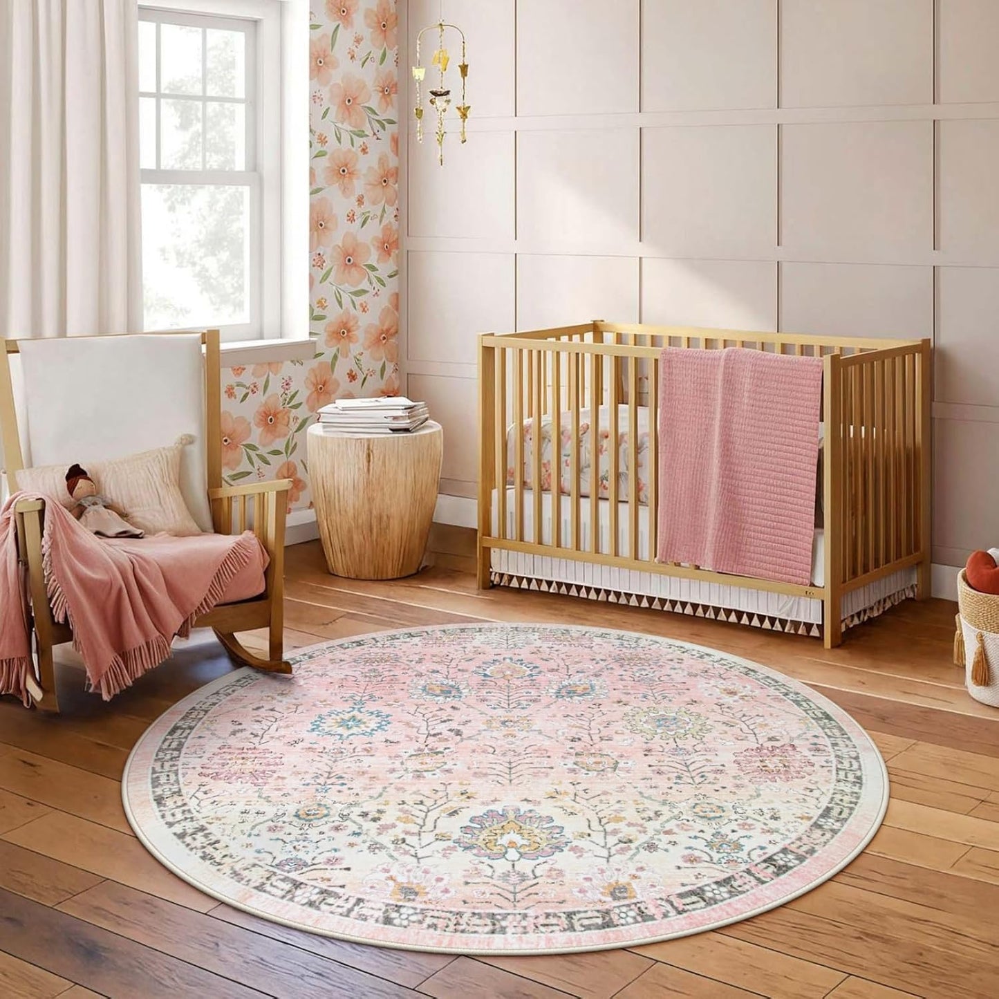Lahome Flavie Light Pink Boho Rug 6ft, Circle Washable Area Rugs for Playroom Kids Room, Soft Floral Nursery Round Carpet Non Slip, Pastel Floor Carpet for Bedroom Living Room