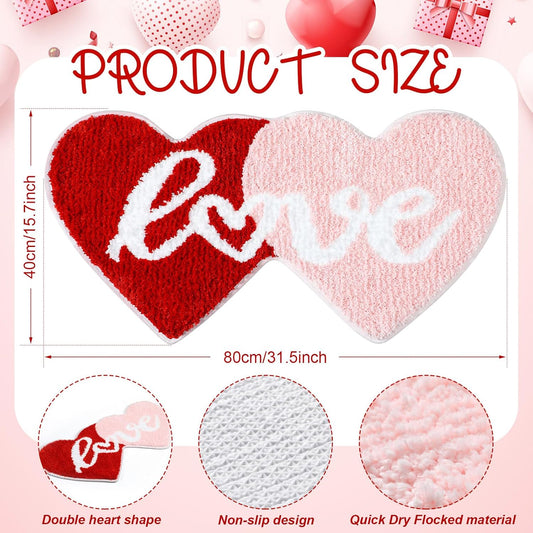 Hoolerry Valentine Heart Rug Double Heart Shaped Rug Decor Non Slip Bathroom Doormat Love Shag Shower Mat Bedroom Living Room Entrance Welcome Floor Decor 15.75 x 31.5 in(Red and Pink)