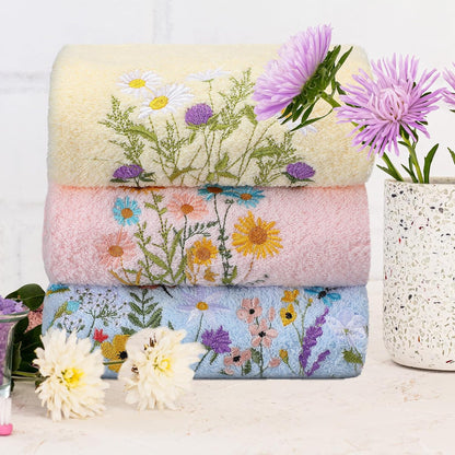 Tingjoo 3 Pcs Pastel Wildflower Hand Towels Pink Blue Yellow Wildflower Floral Bath Towels 14x29 Inch Soft Cute Flower Washable Embroidered Decorative Spring Summer Cotton Decor for Bathroom Kitchen