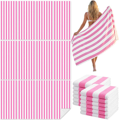 Frienda 12 Pack Pink Striped Beach Towels 71''x 32'' Large Microfiber Quick Dry Absorbent Bath Towels for Swimming Pool Beach Cruise Travel Gym Supplies