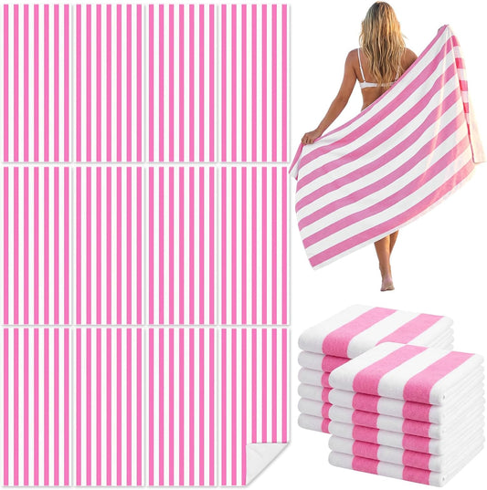 Frienda 12 Pack Pink Striped Beach Towels 71''x 32'' Large Microfiber Quick Dry Absorbent Bath Towels for Swimming Pool Beach Cruise Travel Gym Supplies
