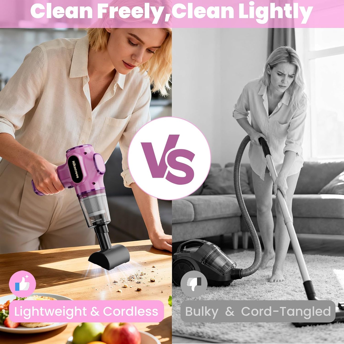 Pink Car Vacuum Cleaner,Portable Mini Cordless Small Handheld Vacuum Cleaner with LCD Display and Multi-Nozzles Powerful Hand Held Vacuums for Car,Pet Hair,Home,Office,Sofa,Keyboard