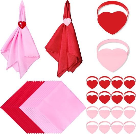 16 Sets Mother's Day Napkins Cloth with Red Pink Heart Napkin Rings 2 Colors Cloth Napkins with Napkin Rings for Mother's Party Table Setting Decor Supplies