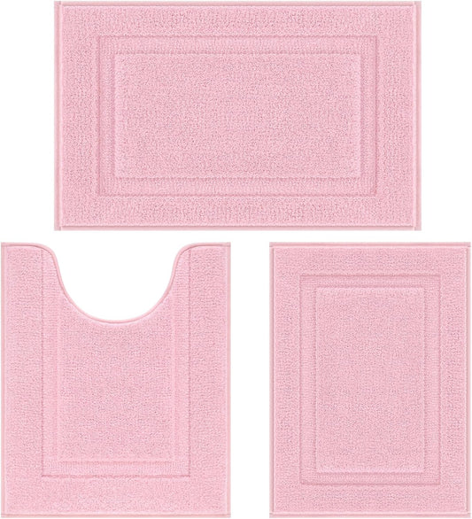 SHACOS Pink Bathroom Rugs Sets 3 Piece, 16"x24" + 20"x32" Non Slip Bath Mat and 20"x24" Toilet Rugs U Shaped Washable, Soft Fluffy Water Absorbent Bath Rugs for Bathroom