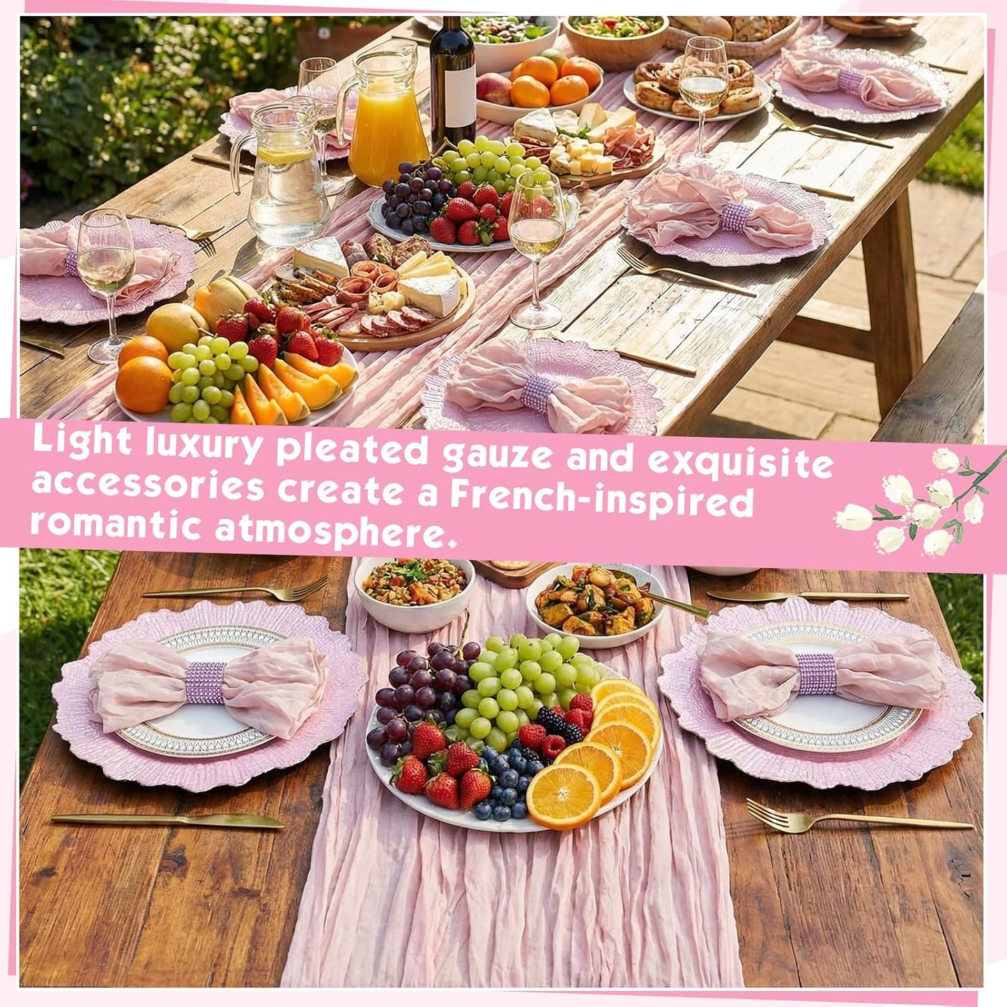 19 Pcs Pink Boho Placemats Set Include 6 Pink Charger Plates 118 Inch Long Farmhouse Table Runner Centerpiece 6 Cheesecloth Napkins 6 Napkin Ring for Dinner Wedding Bridal Party Decoration