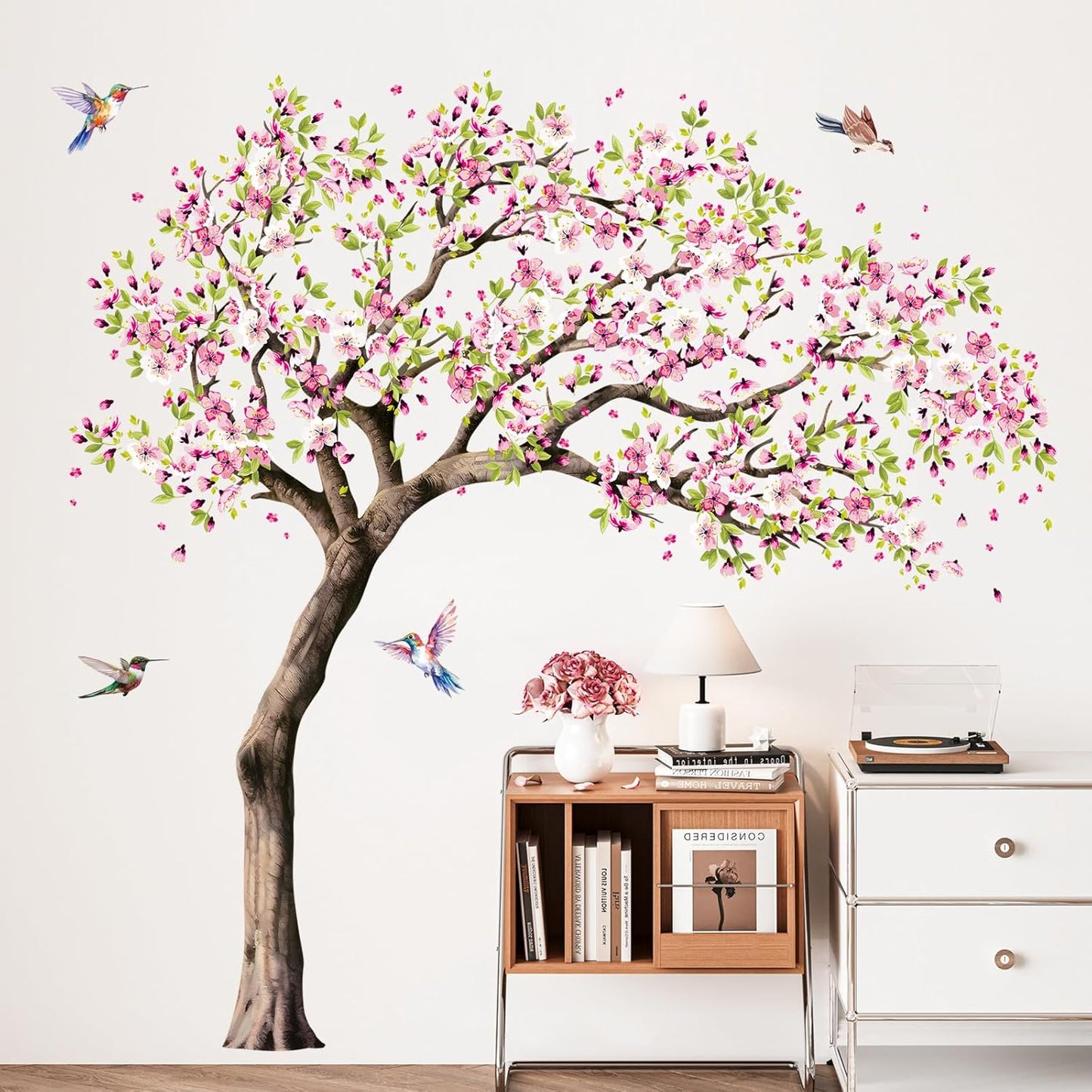 Large Cherry Flower Tree Wall Decals Spring Pink Cherry Blossom Hummingbirds Wall Stickers Peel and Stick for Girls Bedroom Living Room Kitchen Sofa TV Backdrop Decoration Gift for Mom