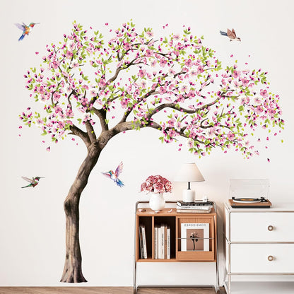 Large Cherry Flower Tree Wall Decals Spring Pink Cherry Blossom Hummingbirds Wall Stickers Peel and Stick for Girls Bedroom Living Room Kitchen Sofa TV Backdrop Decoration Gift for Mom
