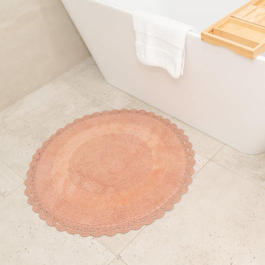 BIEN BEAU Unique Round Boho Bath Mat with Crochet Contour - 100% Cotton Boho Bathroom Rugs -Reversible - Decorative Non-Slip Bohemian Rug for Bath and Bedroom - Cute Decor - Blush Pink 30"