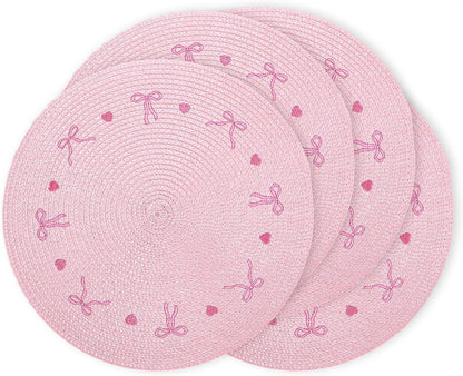 Whaline 4 Pcs Pink Bow Embroidered Placemats Round Place Mats Coquette Bow Dinner Table Mats for Home Wedding Baby Shower Birthday Party Decor