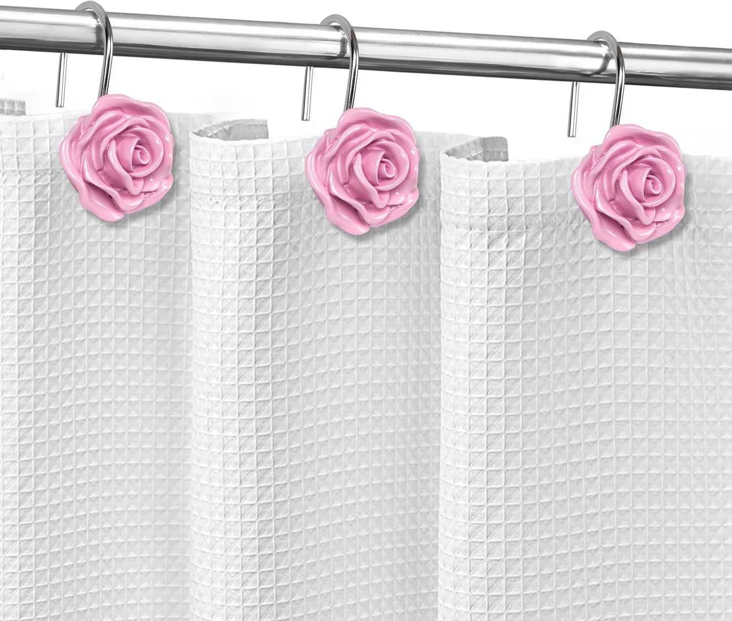 Sunlit Rose Shower Curtain Hooks, Home Decorative Flower Shower Curtain Rings for Bathroom, Resin, Pink Floral Shower Curtain Hanger Hooks for Living Room, Set of 12