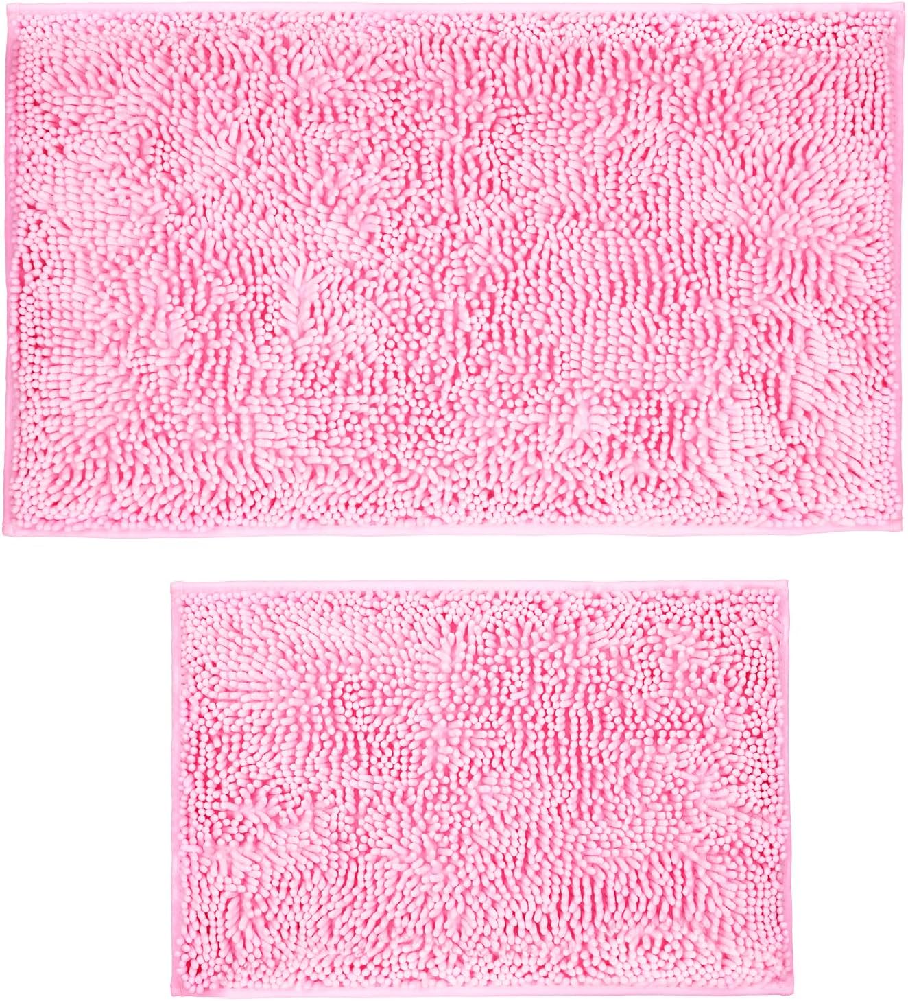 Pink Chenille Bathroom Rugs Set 2 Piece - Non Slip Absorbent Bath Mat for Shower, Quick Dry Machine Washable Floor Mats, Soft Plush, 17"x24"+20"x32" Inch