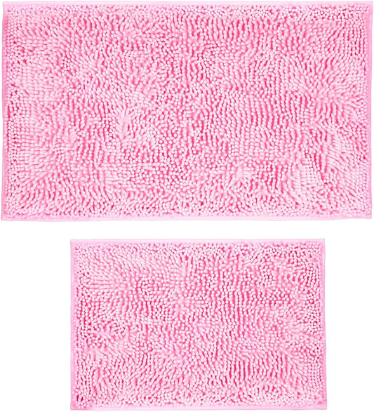 Pink Chenille Bathroom Rugs Set 2 Piece - Non Slip Absorbent Bath Mat for Shower, Quick Dry Machine Washable Floor Mats, Soft Plush, 17"x24"+20"x32" Inch