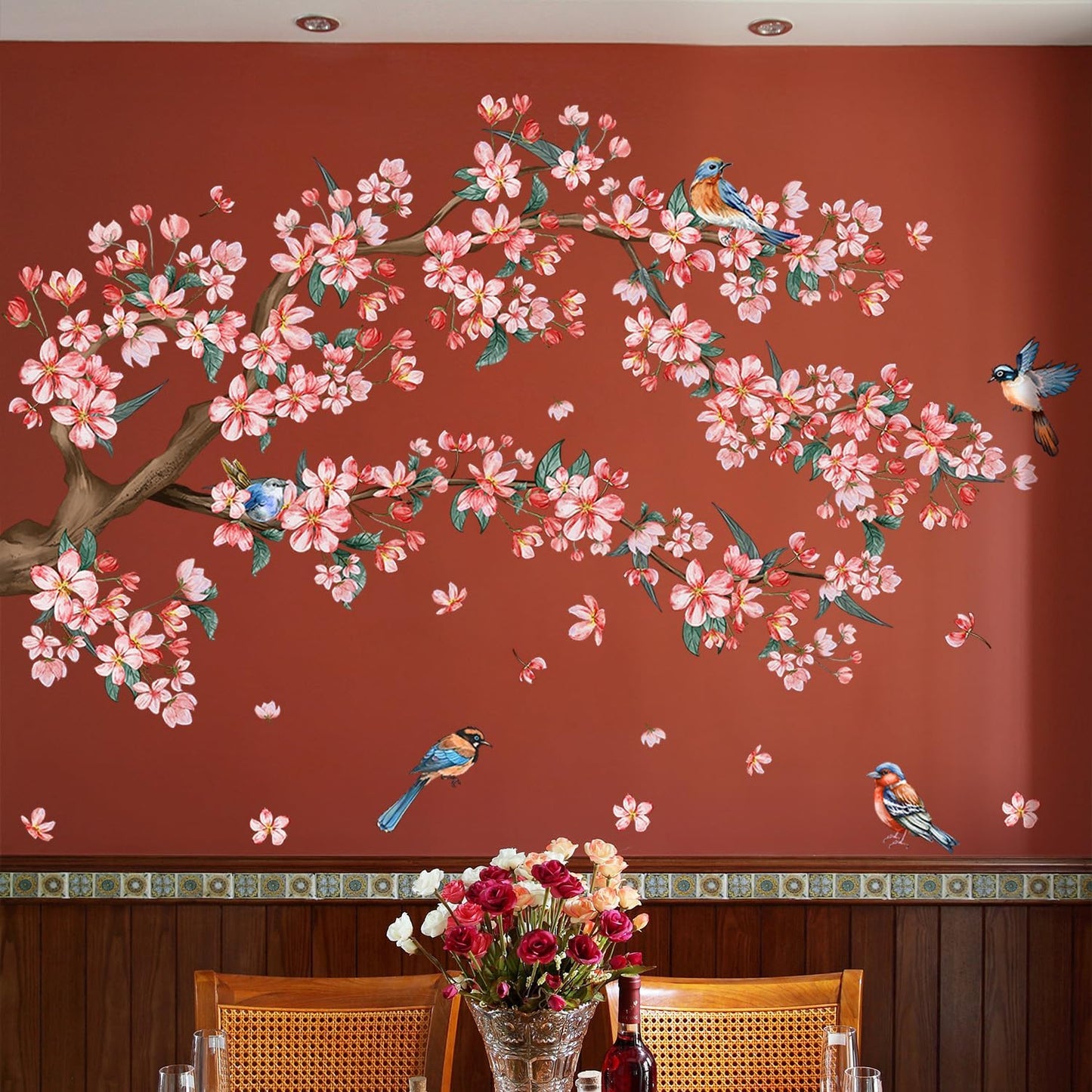2Sheets Removable Pink Flower Tree Branch Wall Decals DIY Cherry Blossom Tree Branch Wall Decals Vinyl Birds Wall Sticker Petals Falling Home Decor for Girls Bedroom Living Room Bathroom Decor