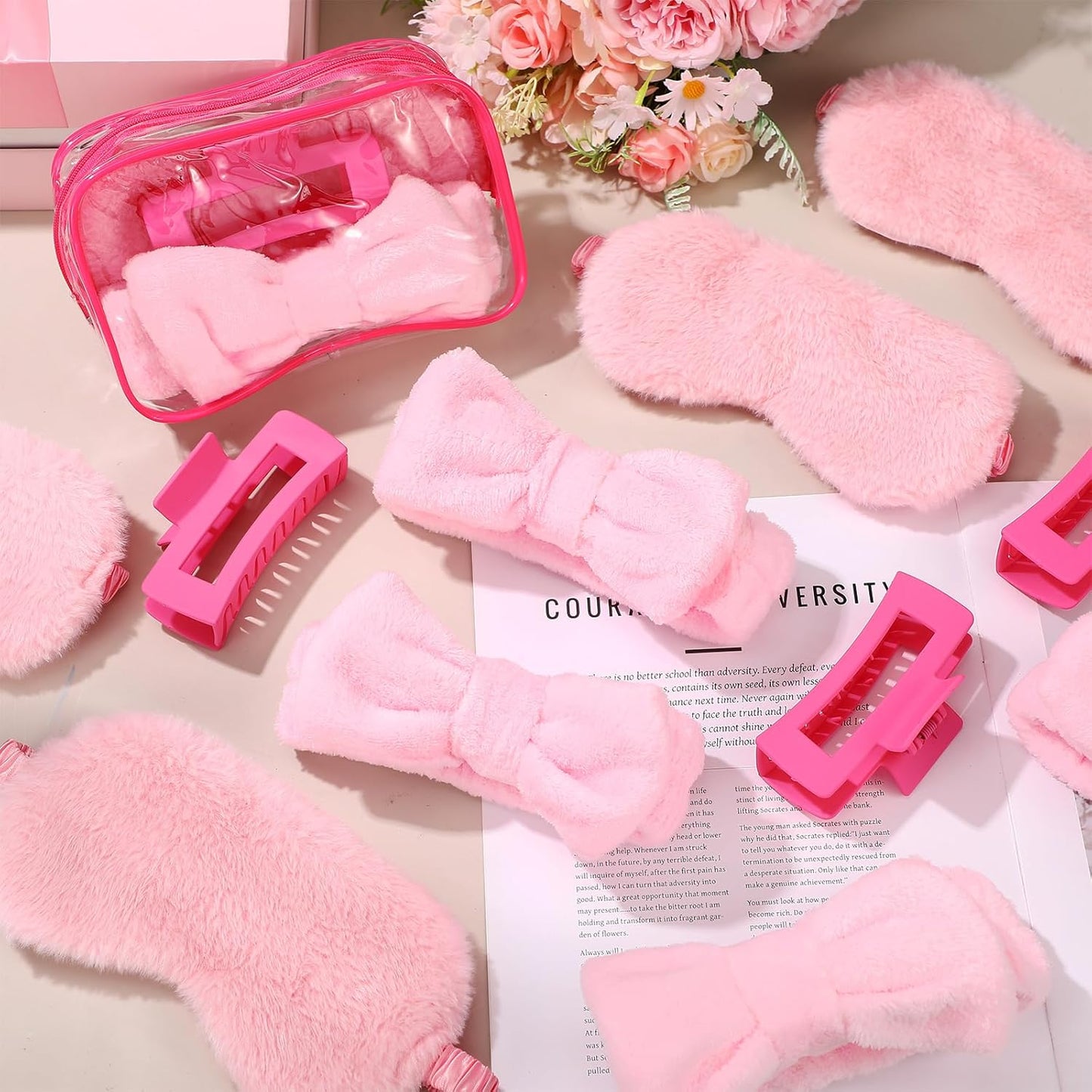 24pcs Sleepover Party Favors for Women 6 Pink Spa Makeup Headband 6 Plush Sleep Eye Mask 6 Rose Red Hair Claw Clips 6 Clear Cosmetic Bags for Adult Slumber Party Supplies Gifts