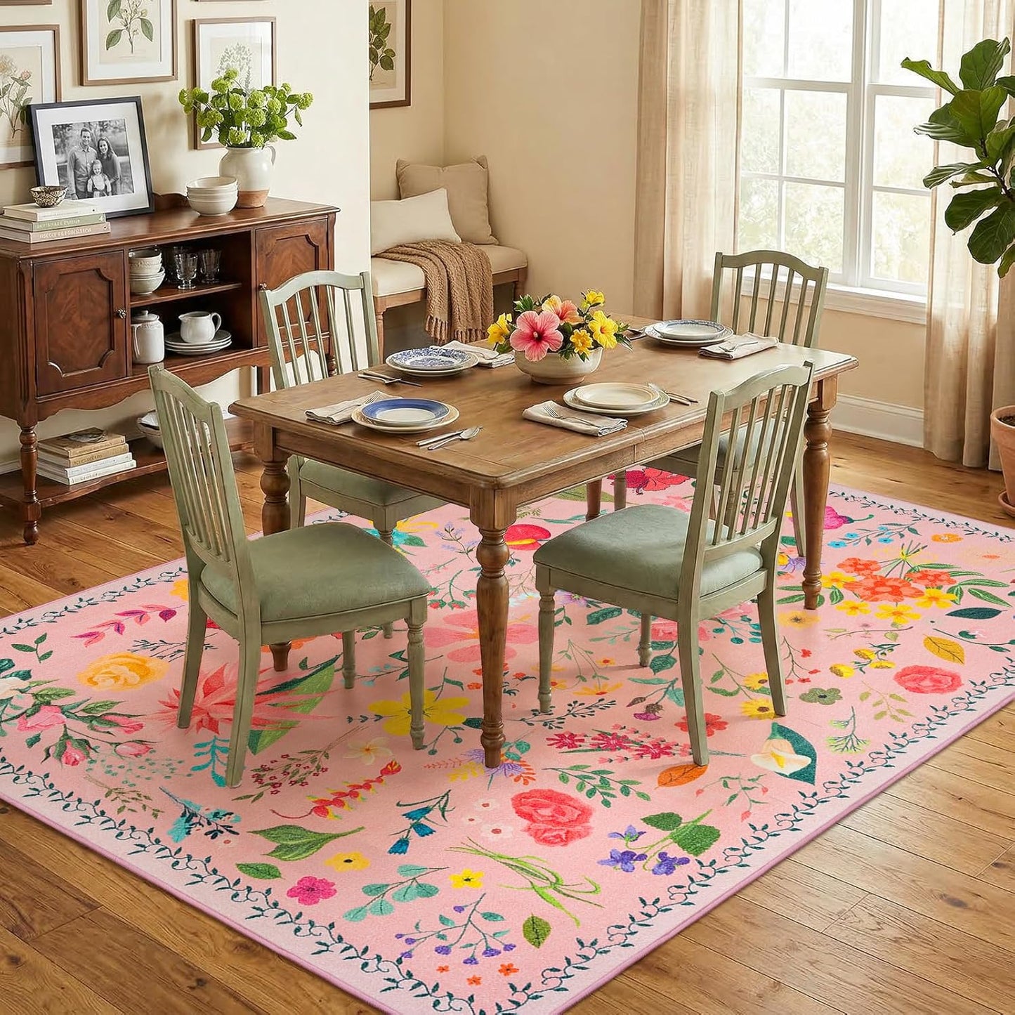 Area Rug for Living Room, 4x6Ft Washable Rug, Floral Low Pile Non-Slip Carpet for Bedroom Office Playroom Entryway Kitchen Dining Room, Pink