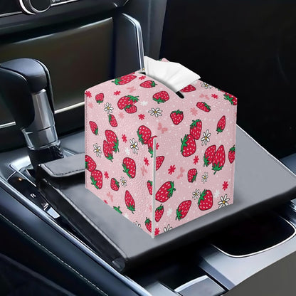 Pink Strawberry Tissue Box Cover Water Resistant Leather Tissue Box Holder Cube Facial Paper Organizer Cute Dispenser Napkin Holder Case Home Decoration
