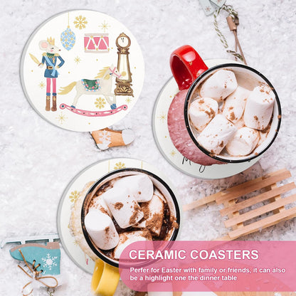 Whaline 4Pcs Christmas Ceramic Coasters Drink Coasters Nutcracker Xmas Winter Absorbent Cup Mat for Holiday Home Kitchen Party Table Decor