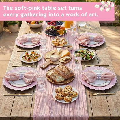 19 Pcs Pink Boho Placemats Set Include 6 Pink Charger Plates 118 Inch Long Farmhouse Table Runner Centerpiece 6 Cheesecloth Napkins 6 Napkin Ring for Dinner Wedding Bridal Party Decoration