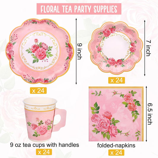 Kochorie 96 Pieces Floral Paper Tea Cups and Saucers 9 Oz Teacups with Handle 9 Inch and 7 Inch Paper Plates Saucers Napkins Disposable Tea Party Supplies Serve 24 for Wedding Baby Shower Party, Pink