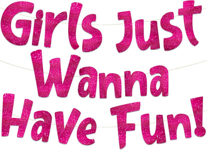 Pre-Strung Girls Just Wanna Have Fun Neon Pink Glitter Banner - Bachelorette Party Decorations for Her - Party Supplies, Favors and Gifts