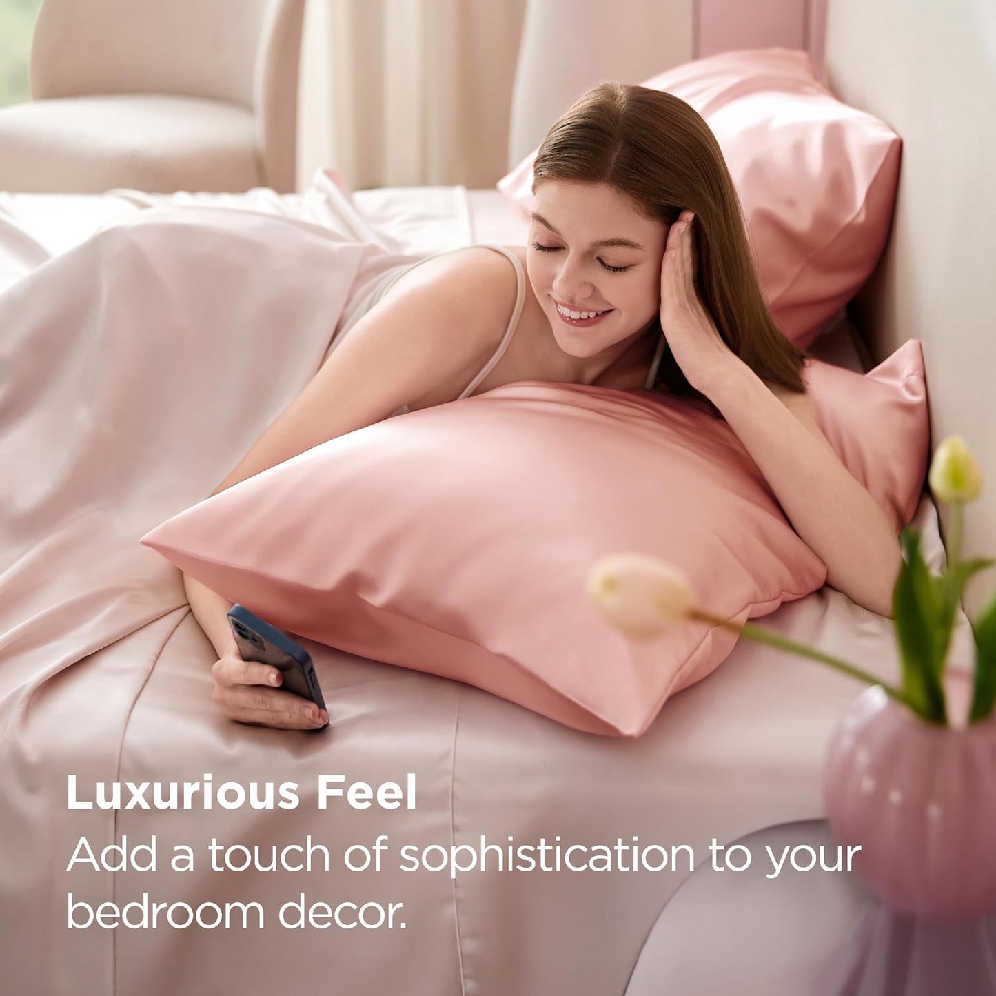Bedsure Satin Pillowcase for Hair and Skin Queen - Peach Pink Silky Pillowcase 2 Pack with Envelope Closure, Similar to Silk Pillow Cases, Gifts for Women Men, 20x30 Inches, 2pcs