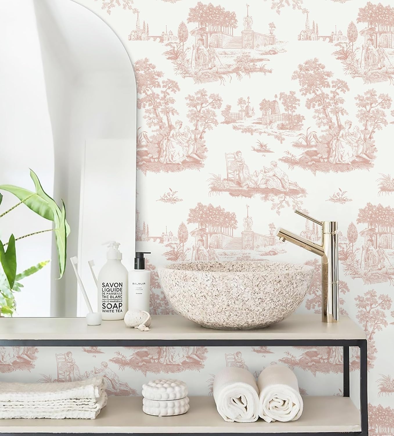 Hopepak Pink Toile Peel and Stick Wallpaper Vintage Contact Paper Self Adhesive Waterproof Removable French Wall Paper for Cabinets Shelf Drawer Bedroom Bathroom 17.3''x78.7''