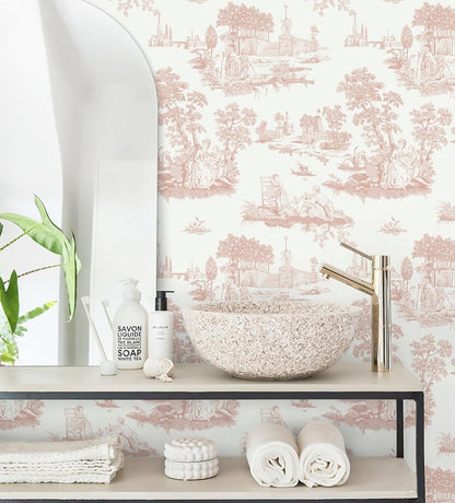 Hopepak Pink Toile Peel and Stick Wallpaper Vintage Contact Paper Self Adhesive Waterproof Removable French Wall Paper for Cabinets Shelf Drawer Bedroom Bathroom 17.3''x78.7''