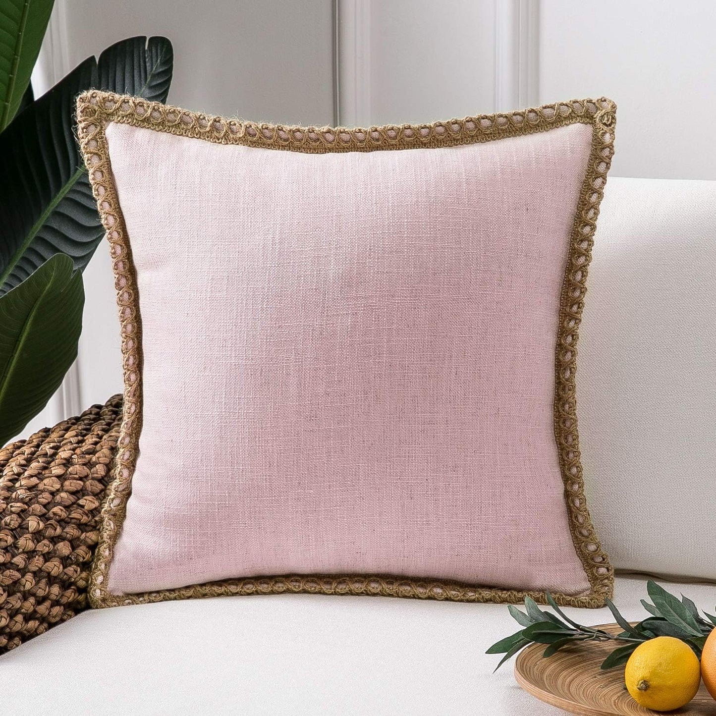 Phantoscope Farmhouse Decorative Throw Pillow Cover Burlap Linen Trimmed Tailored Edges Outdoor Pillow Light Pink 18 x 18 inches, 45 x 45 cm