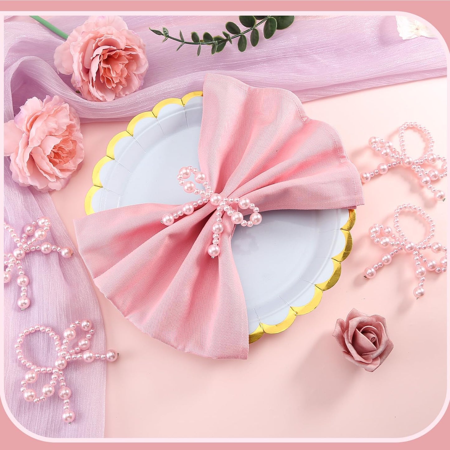 18 Pcs Pink Pearl Napkin Rings Adjustable Imitation Pearl String Elegant Napkin Holders for Weddings Dinner Parties and Everyday Use