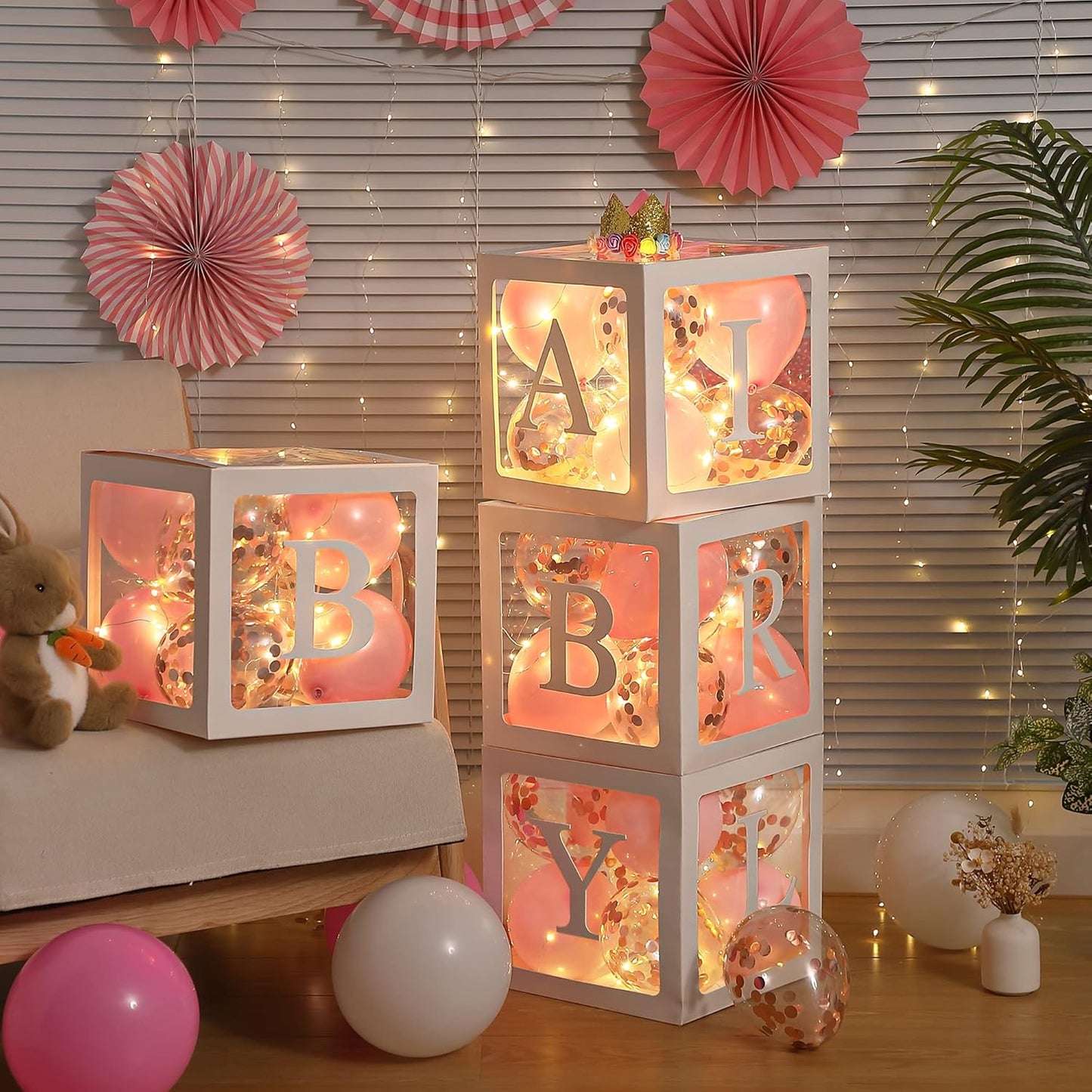 Baby Shower Balloon Box Decorations, 4 Pcs Baby Blocks Transparent Balloon Boxes with “BABY GIRL” Letters, 4 Pack Led Fairy String Lights and 40 Pcs Latex Balloons for Gender Reveal Backdrop(Pink)