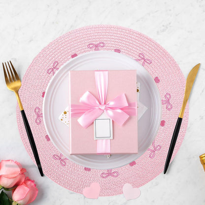 Whaline 4 Pcs Pink Bow Embroidered Placemats Round Place Mats Coquette Bow Dinner Table Mats for Home Wedding Baby Shower Birthday Party Decor