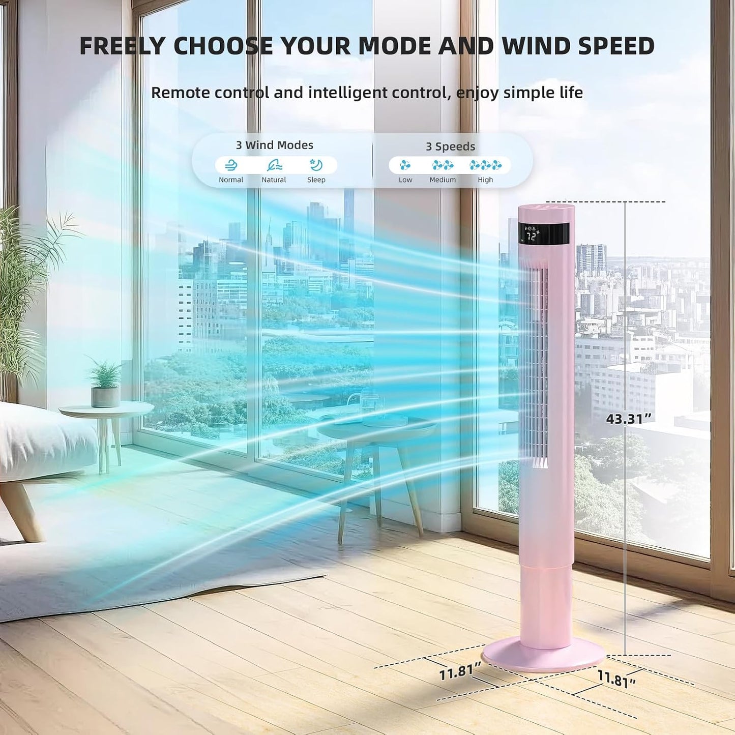 Electactic Tower Fan Portable Electric Oscillating Fan Quiet Remote Control Bladeless Floor Fan 3 Wind Speed Mode 12H Timer Bedroom Office, 43 inch, Pink