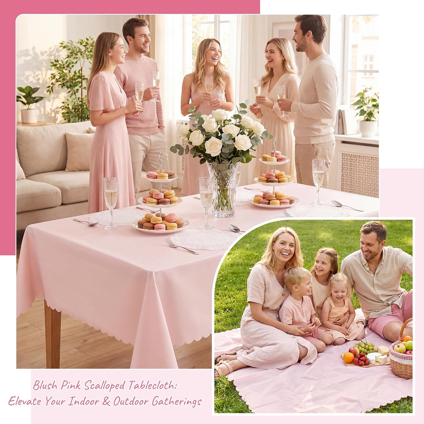3 Pack Plastic Light Pink Tablecloths, 54 X 108Inch Disposable Spring Tablecloth Scalloped Pink Table Cloth for Rectangle Tables Table Cover for Girls Birthday Baby Bridal Shower Tea Party Wedding