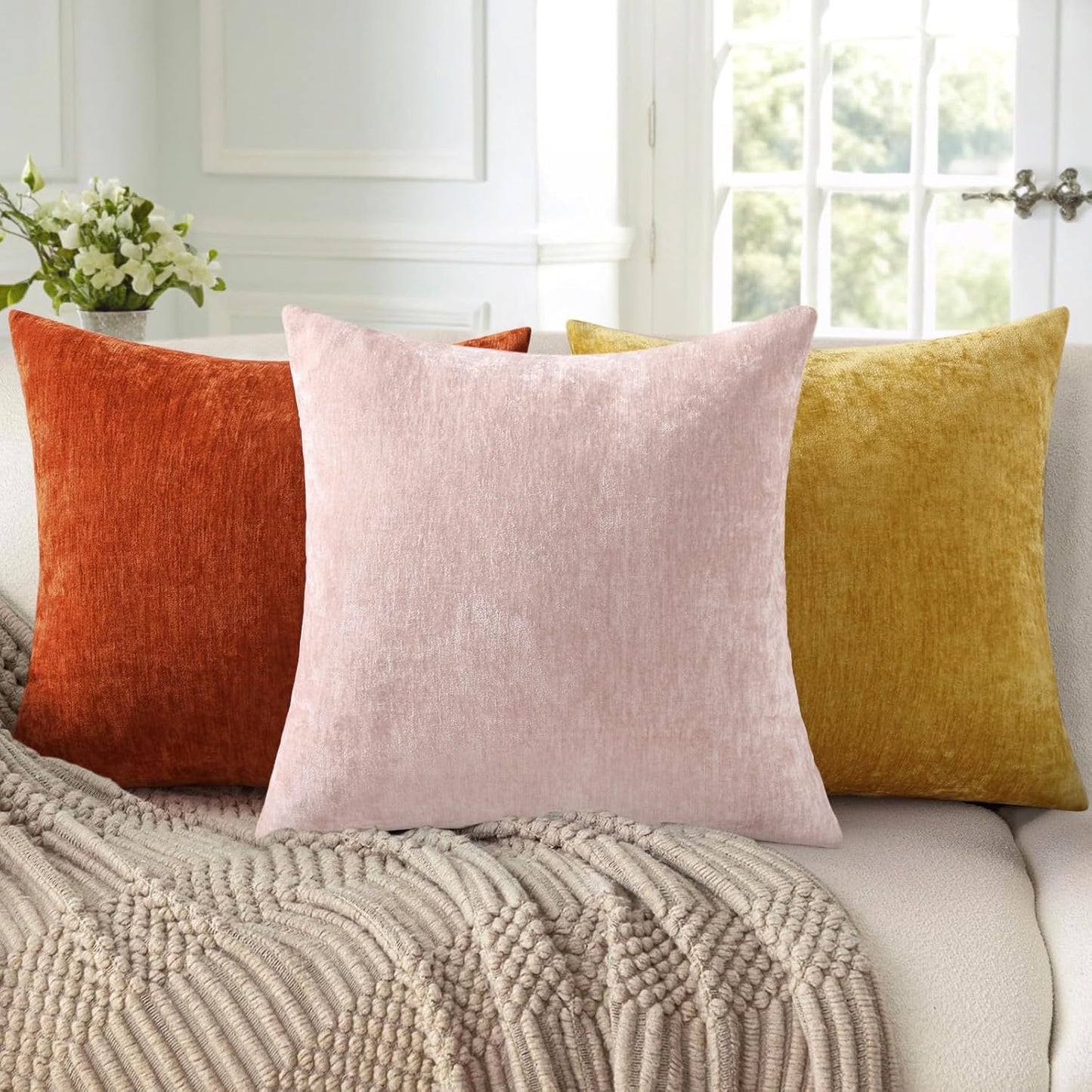 decorUhome Chenille Blush Pink Summer Throw Pillow Covers 12x20 Inch Set of 2, Decorative Soft Couch Pillow Covers Solid Dyed Accent Farmhouse Neutral Rectangle Pillow Cases for Sofa