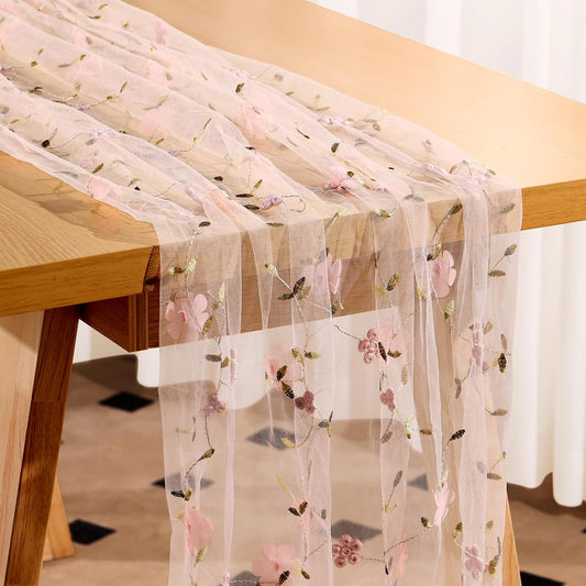 Embroidery Floral Table Runner Rustic Spring Summer Wildflower Tulle Table Runner Vintage Flower Kitchen Dining Tabletop Runners Decoration for Home Wedding Party, 108x24.5 Inch (Pink)
