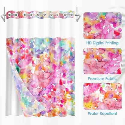 No Hook Pink Teal Blue Yellow Shower Curtain with Snap in Fabric Liner Set, Polka Dot Colorful Double Layers Waterproof Fabric with See Through Top Window Open Grommet Bath Curtain 71x74 Inch