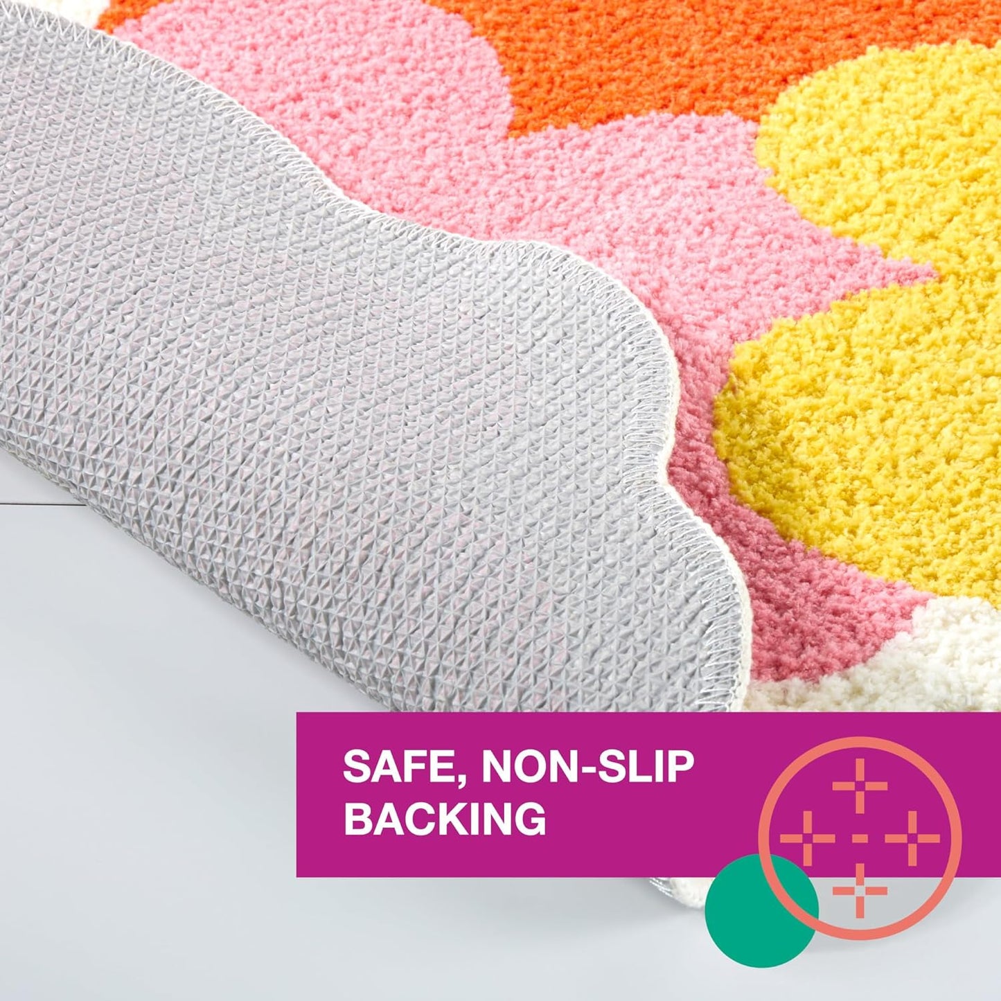 TOWN & COUNTRY PLAY Blossom Retro Daisy Flower Shaped Bath Mat, Absorbent Tufted Floor Mat, Non-Slip Backing, Machine Washable, Pink/Orange/Yellow, 31.5"x31.5"