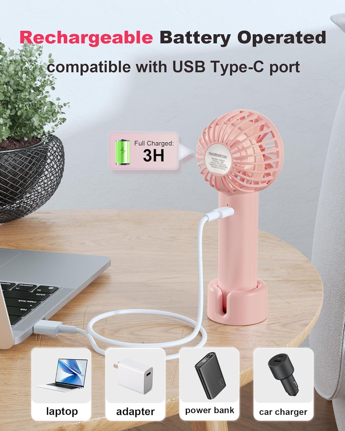 Coohea Mini Handheld Fan, Small Cute Design, 3 Powerful Speeds, USB Rechargeable Battery Operated, Personal Portable Fan with Base & Lanyard, for Eyelash Makeup Travel Beach Office Desk, Pink